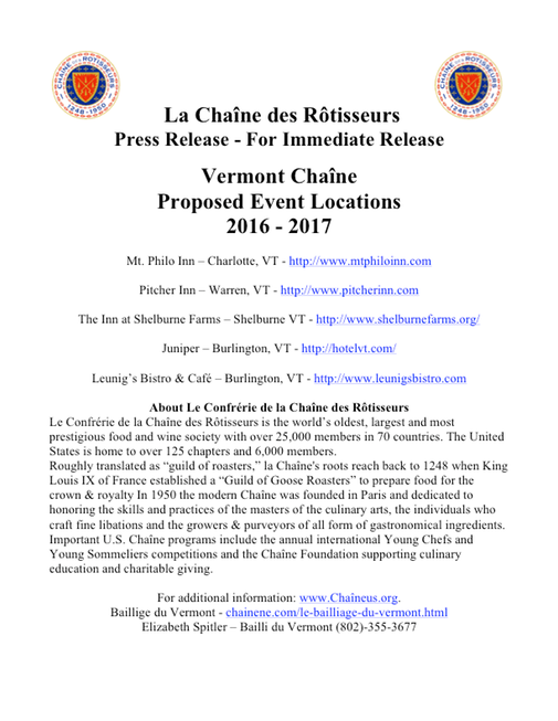 Chaine des Rotisseurs VT Proposed Event Locations – For Immediate Release June 2016